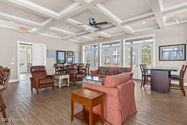 1649 Butterfly Knot Dr SW, Ocean Isle Beach, NC 28469 - living area featuring wood finished floors, french doors, coffered ceiling, beam ceiling, and baseboards