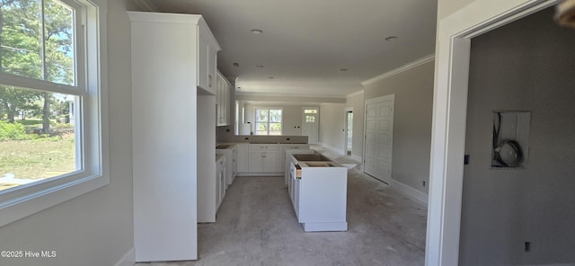 1649 Butterfly Knot Dr SW, Ocean Isle Beach, NC 28469 - kitchen with white cabinetry, ornamental molding, concrete flooring, and baseboards