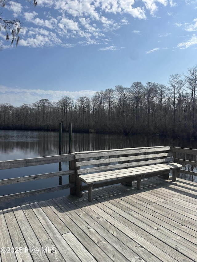 dock area featuring a water view and a wooded view