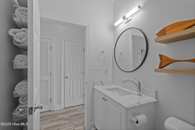 bathroom with wood finished floors, toilet, and vanity