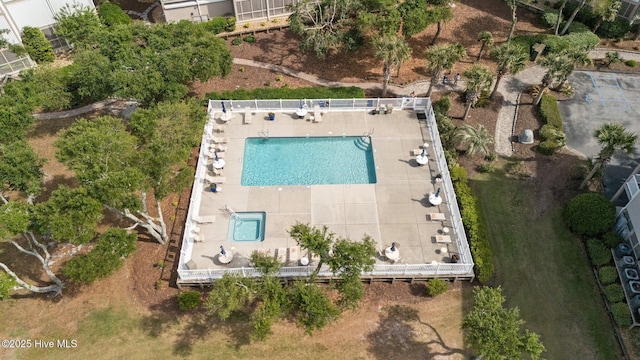 drone / aerial view of a pool