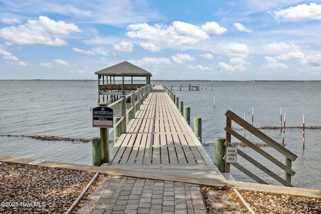 dock area featuring a water view and a gazebo