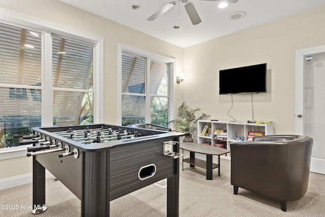 recreation room featuring carpet floors, ceiling fan, baseboards, and recessed lighting