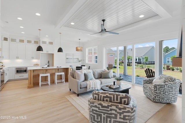 316 Lightning Bug Ln, Holly Ridge, NC 28445 - living area featuring recessed lighting, ceiling fan, light wood-type flooring, and beam ceiling