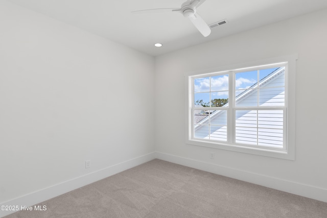 316 Lightning Bug Ln, Holly Ridge, NC 28445 - empty room featuring visible vents, baseboards, ceiling fan, light colored carpet, and recessed lighting