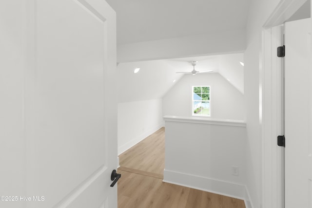 316 Lightning Bug Ln, Holly Ridge, NC 28445 - bonus room with a ceiling fan, baseboards, vaulted ceiling, and light wood finished floors