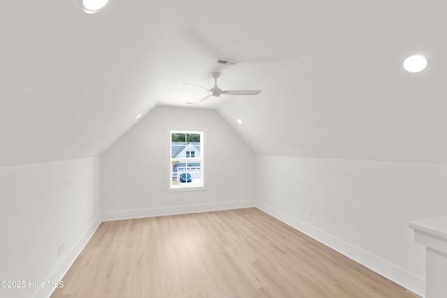 316 Lightning Bug Ln, Holly Ridge, NC 28445 - bonus room featuring ceiling fan, light wood finished floors, baseboards, lofted ceiling, and visible vents