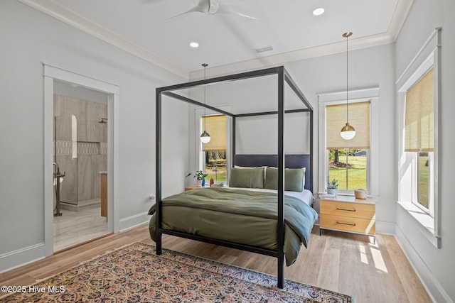 bedroom with recessed lighting, baseboards, ornamental molding, and light wood finished floors