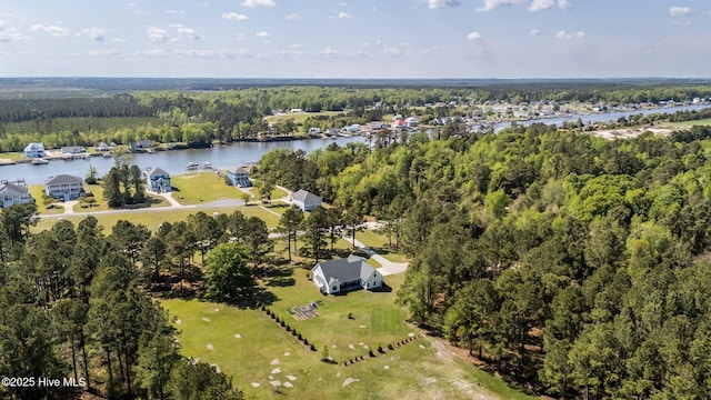 birds eye view of property with a water view and a forest view