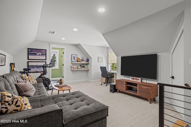 carpeted living area featuring visible vents, recessed lighting, baseboards, and vaulted ceiling