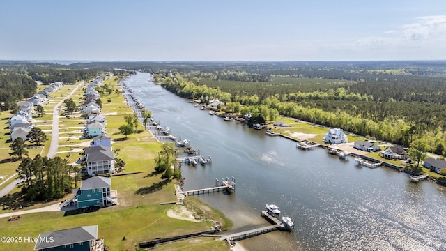 bird's eye view with a water view and a view of trees