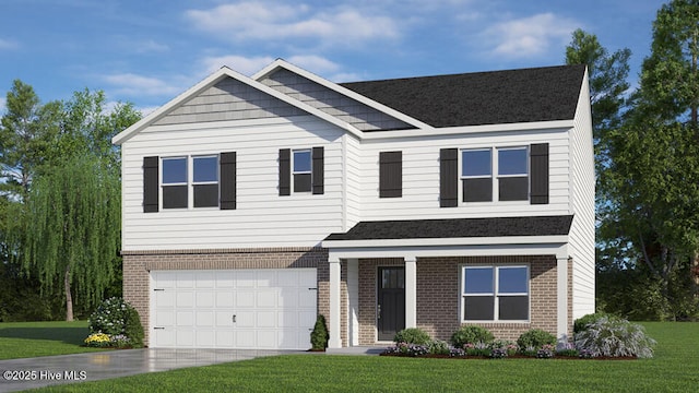view of front of property with roof with shingles, brick siding, a front lawn, concrete driveway, and an attached garage