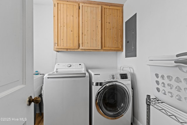 408 Dolphin St, Sunset Beach, NC 28468 - laundry area featuring electric panel, cabinet space, and washer and clothes dryer
