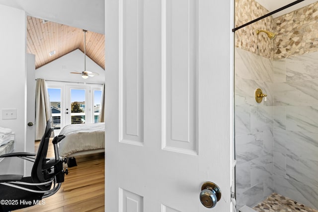 408 Dolphin St, Sunset Beach, NC 28468 - interior space with wood ceiling, french doors, and wood finished floors