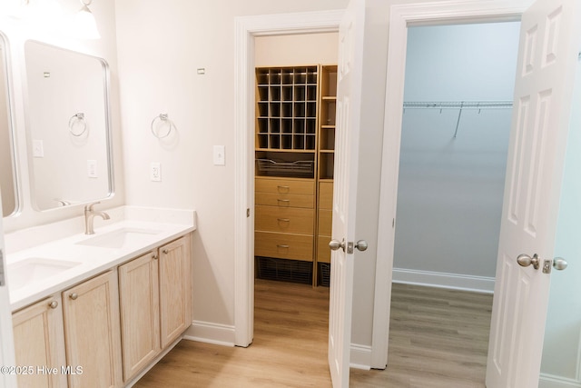 135 Live Oak Dr, Leland, NC 28451 - full bathroom with baseboards, a sink, double vanity, wood finished floors, and a spacious closet
