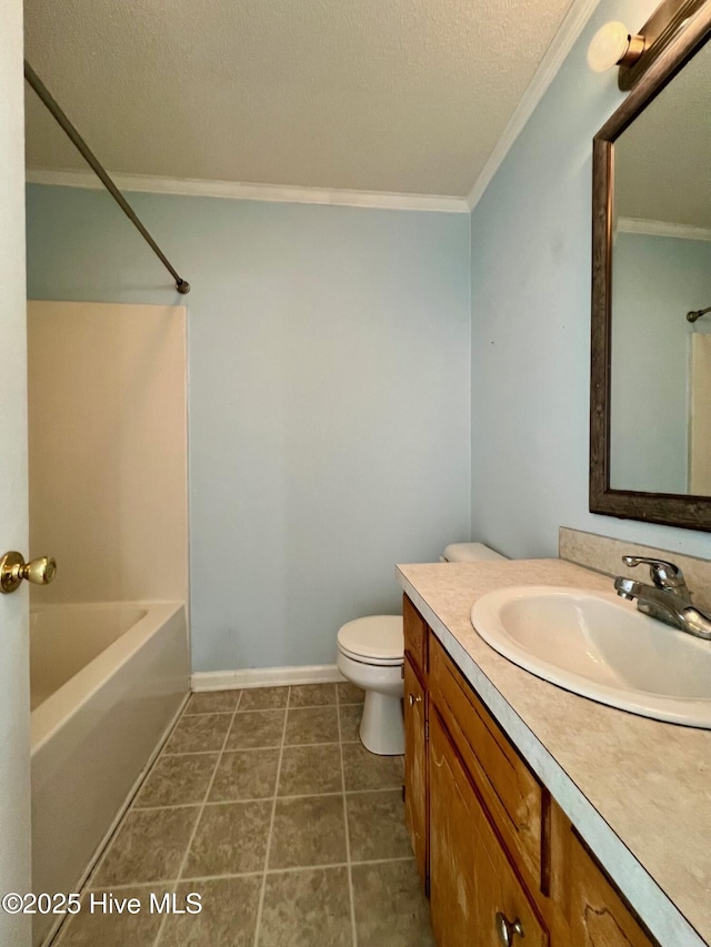 full bath with crown molding, a textured ceiling, vanity, toilet, and washtub / shower combination