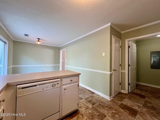 kitchen featuring white dishwasher, a textured ceiling, white cabinets, ornamental molding, and light countertops