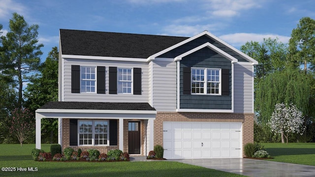 view of front of house with an attached garage, a front yard, driveway, and brick siding