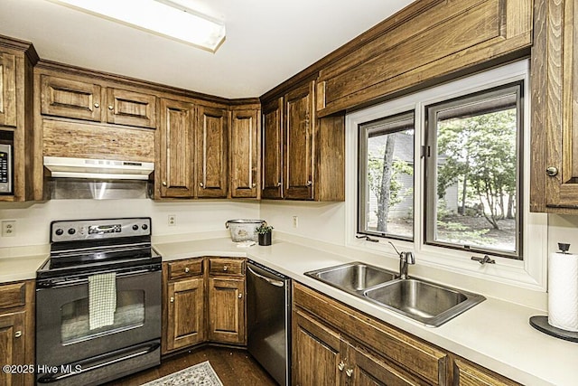 7730 Old Raleigh Rd, Bailey, NC 27807 - kitchen featuring a sink, stainless steel dishwasher, black electric range oven, under cabinet range hood, and light countertops
