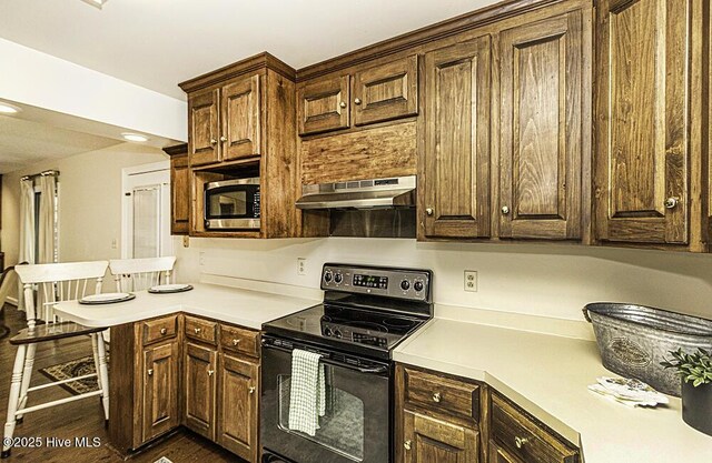 7730 Old Raleigh Rd, Bailey, NC 27807 - kitchen with under cabinet range hood, stainless steel microwave, light countertops, and black / electric stove