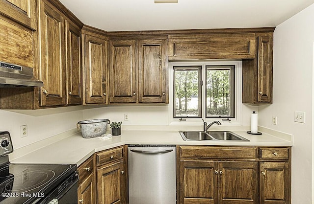 7730 Old Raleigh Rd, Bailey, NC 27807 - kitchen featuring black electric range oven, under cabinet range hood, stainless steel dishwasher, dark brown cabinets, and a sink