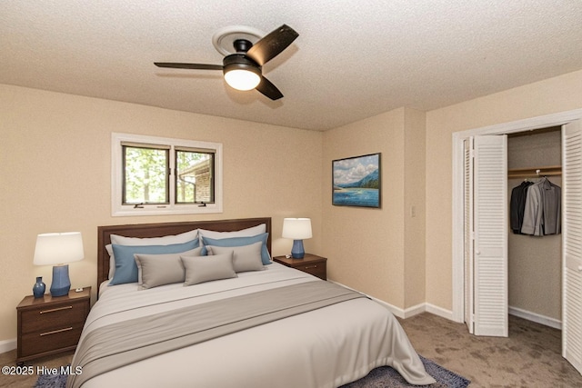 7730 Old Raleigh Rd, Bailey, NC 27807 - carpeted bedroom featuring a closet, baseboards, ceiling fan, and a textured ceiling