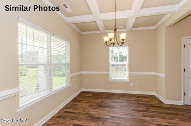 153 Tides End Dr, Holly Ridge, NC 28445 - unfurnished room featuring a chandelier, coffered ceiling, dark wood-style flooring, beam ceiling, and baseboards
