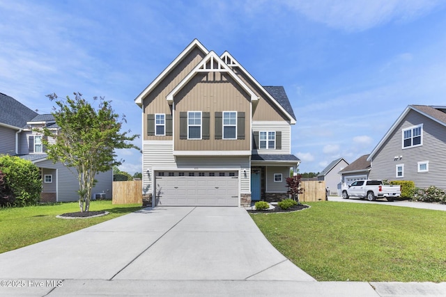 craftsman-style house with board and batten siding, a garage, a front lawn, concrete driveway, and stone siding