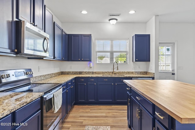 kitchen with blue cabinetry, visible vents, a sink, butcher block counters, and stainless steel appliances