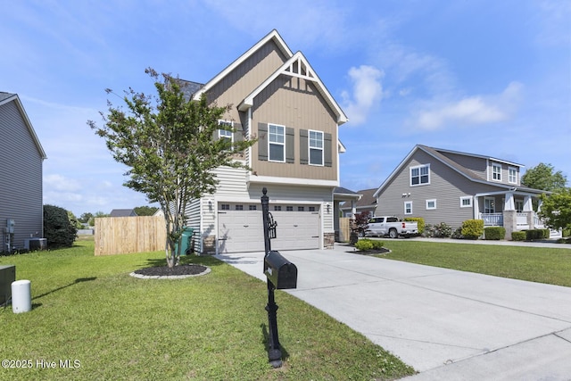 craftsman house featuring an attached garage, a front lawn, stone siding, central air condition unit, and driveway