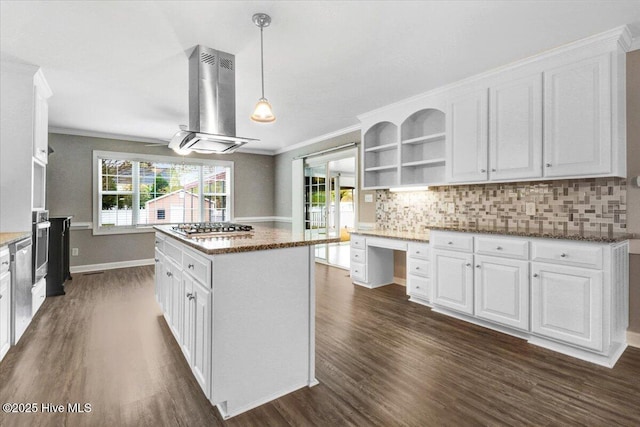 kitchen with exhaust hood, dark wood-style flooring, crown molding, and stainless steel appliances
