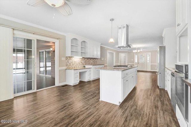kitchen featuring crown molding, open shelves, stainless steel appliances, and extractor fan