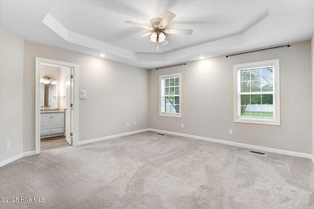 spare room with carpet flooring, a tray ceiling, plenty of natural light, and baseboards