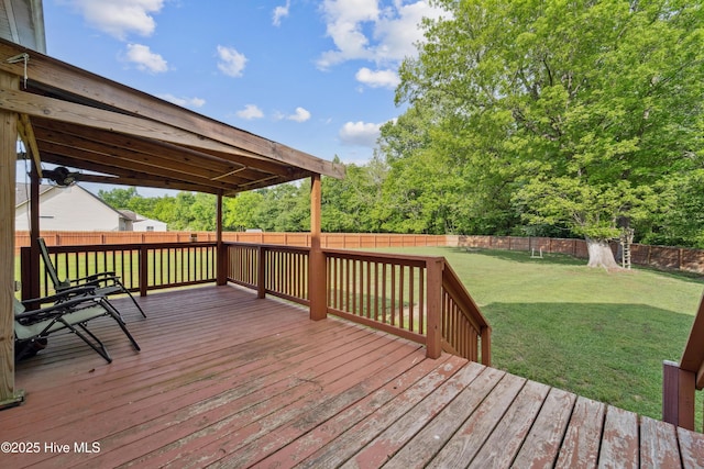 wooden terrace with a fenced backyard and a yard