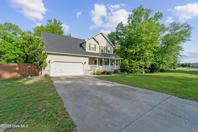 view of front of home featuring a porch, fence, a front lawn, concrete driveway, and an attached garage