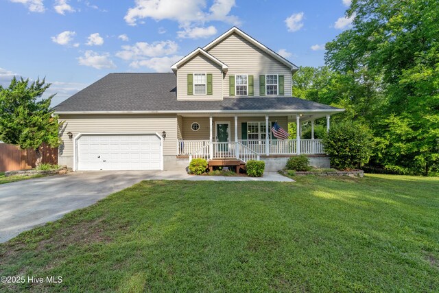 view of front facade featuring a garage, covered porch, concrete driveway, and a front yard