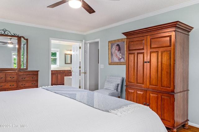 bedroom featuring a ceiling fan, ensuite bathroom, and ornamental molding