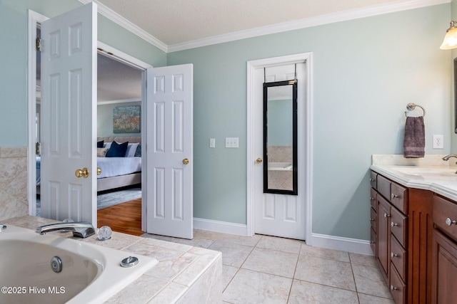 ensuite bathroom featuring baseboards, ensuite bathroom, a garden tub, vanity, and crown molding