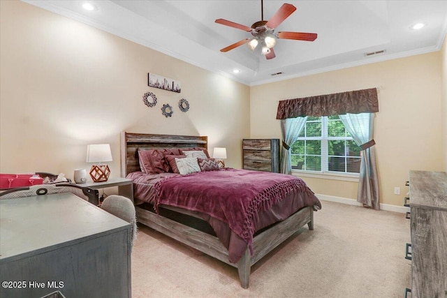 bedroom featuring crown molding, recessed lighting, light colored carpet, and visible vents