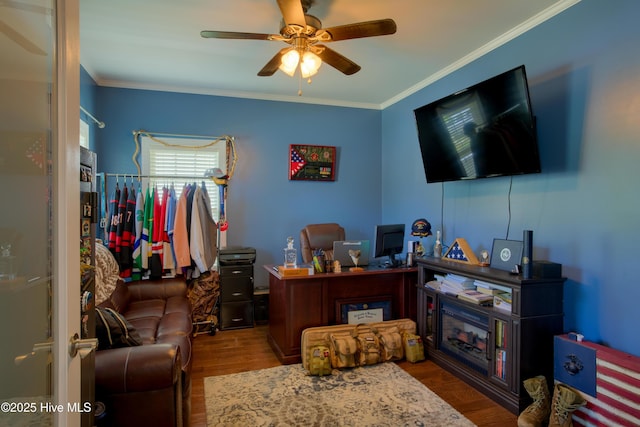 108 Nellie Ln, Swansboro, NC 28584 - office space featuring ornamental molding, ceiling fan, and wood finished floors