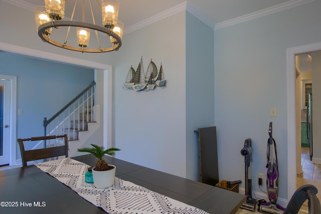 108 Nellie Ln, Swansboro, NC 28584 - dining area featuring crown molding, baseboards, a chandelier, and stairway