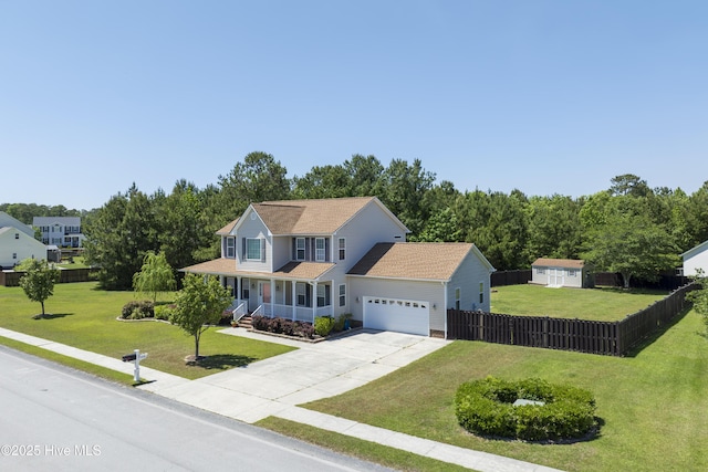108 Nellie Ln, Swansboro, NC 28584 - view of front facade with fence, an attached garage, a front lawn, a porch, and driveway