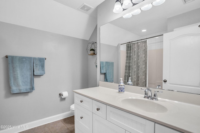 bathroom with tile patterned flooring, toilet, a shower with shower curtain, baseboards, and visible vents