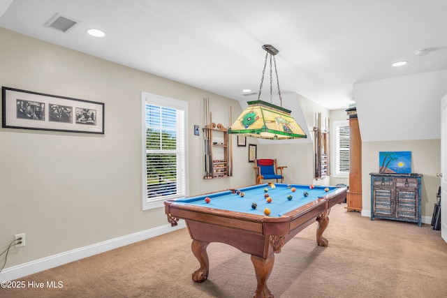 recreation room featuring carpet flooring, pool table, and baseboards