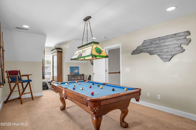 game room featuring visible vents, baseboards, recessed lighting, light colored carpet, and billiards
