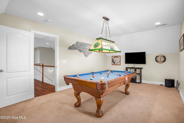 167 Fallbrook Ln, Rocky Point, NC 28457 - recreation room featuring visible vents, baseboards, recessed lighting, billiards, and carpet