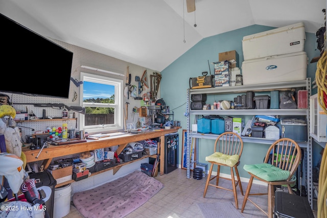 167 Fallbrook Ln, Rocky Point, NC 28457 - office area featuring a workshop area, a ceiling fan, tile patterned floors, and lofted ceiling