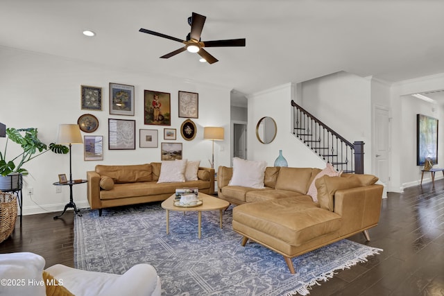 living room featuring stairway, ornamental molding, a ceiling fan, and wood finished floors