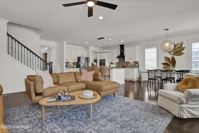 living room with a ceiling fan, stairs, baseboards, dark wood-style floors, and recessed lighting