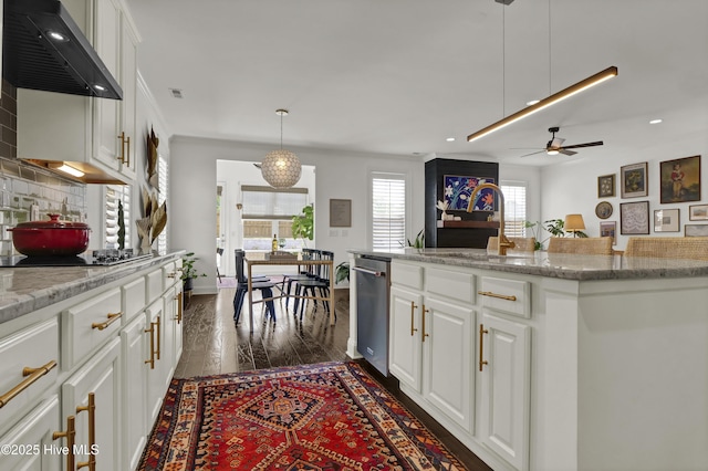 kitchen with wall chimney range hood, white cabinetry, a healthy amount of sunlight, and dishwasher